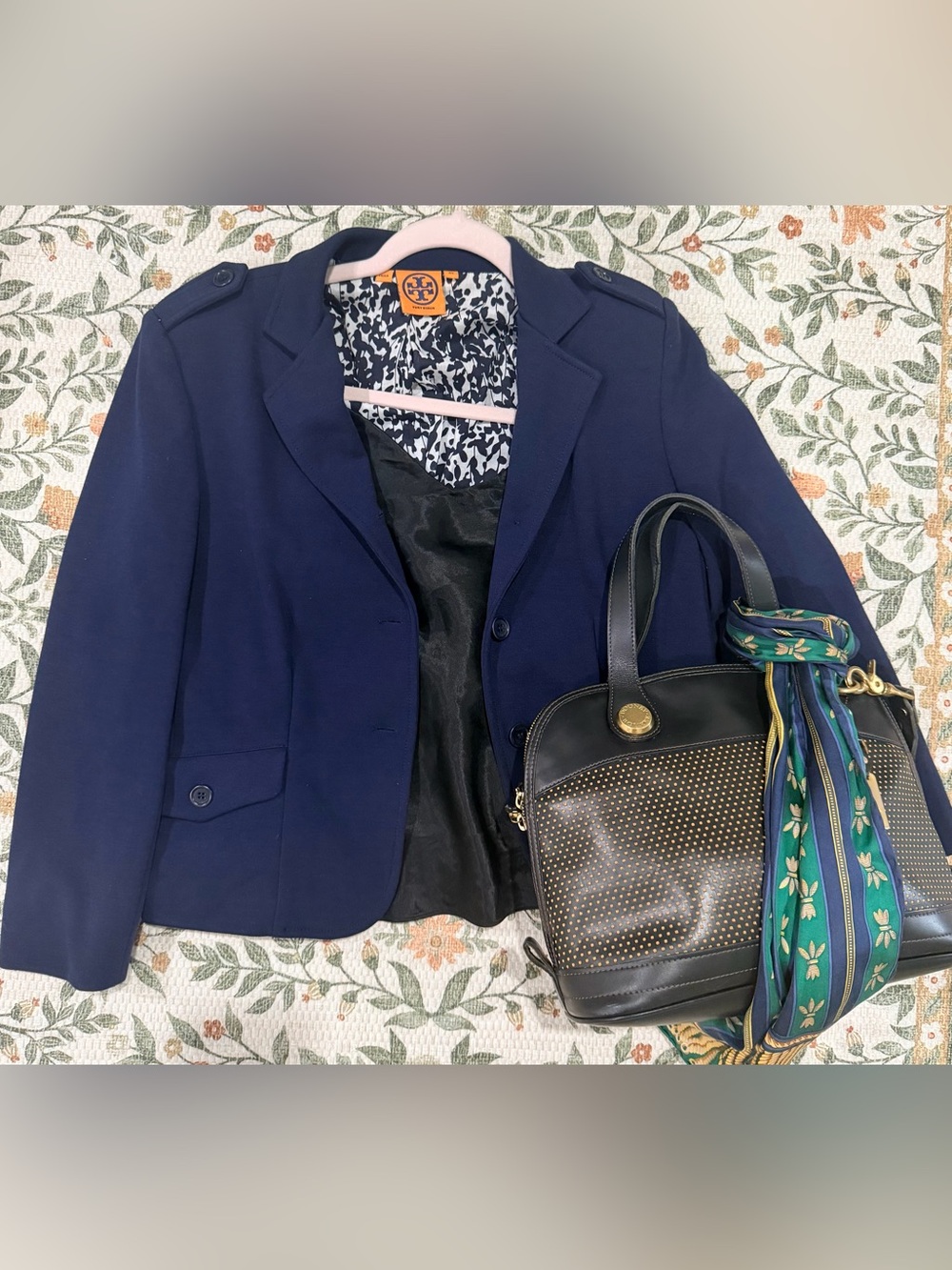 Tory Burch Navy Stretch Knit Military Blazer Jacket XS Printed Lining Epaulets - Picture 11 of 11